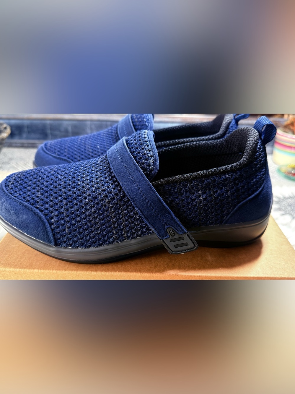 NIB OrthoFeet Women’s Quincy Stretch Slip-on Sneakers with Strap Blue 6.5 X-Wide
